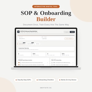 Könnte beinhalten: Eine digitale Benutzeroberfläche für einen SOP- und Onboarding-Builder auf einem Laptop-Bildschirm. Das Dashboard enthält Bereiche für Firmennamen, Rollen, Kundendienstaufgaben, Standardarbeitsanweisungen und Checklisten für neue Mitarbeiter.
