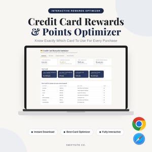 May include: A laptop screen displaying an interactive credit card rewards and points optimizer dashboard. The interface shows total points, estimated cash value, annual fees, and a table recommending the best credit card for specific spending categories.