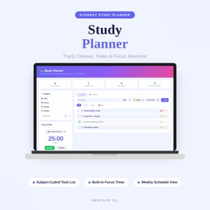 Könnte beinhalten: Eine digitale Studienplaner-Oberfläche auf einem Laptop-Bildschirm mit einem Aufgabenverwaltungs-Dashboard, fachbezogenen Listen, einem auf 25:00 eingestellten Fokus-Timer und Fortschrittsanzeigen. Der Text lautet Student Study Planner und Swiftsite Co.