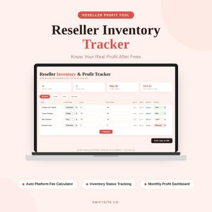 May include: A digital reseller inventory and profit tracker displayed on a laptop screen. The interface features columns for item, platform, cost, sale price, fees, profit, and status. Includes summary boxes for total items, items sold, and profit.