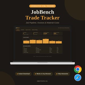 May include: An interactive HTML JobBench Trade Tracker displayed on a laptop screen, featuring a dark dashboard with orange data visualizations, job pipeline metrics, invoice summaries, and material costs, with browser icons for Chrome and Safari.