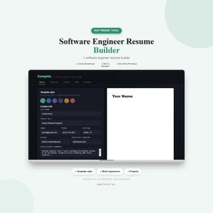 Könnte beinhalten: Ein digitales Tool zur Erstellung von Lebensläufen für Softwareentwickler auf einem Bildschirm. Die Benutzeroberfläche bietet ein dunkles Design mit Eingabefeldern für Kontaktinformationen, berufliche Zusammenfassung und Vorlagenstile.