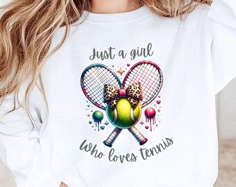 Women's & Girls Tennis T-Shirt, Sweatshirt and Tank Top, Just a Girl Who Loves Tennis Shirt, Leopard Coquette Bow Tennis Outfit Gift
