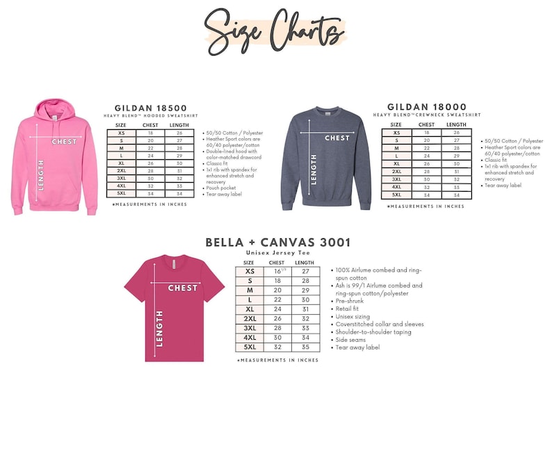 a collection of size charts and measurements for various clothing items, including a pink hoodie, a gray sweatshirt, and a red t-shirt. The charts provide specific measurements for different sizes, such as chest, waist, and length, as well as the corresponding garment size.