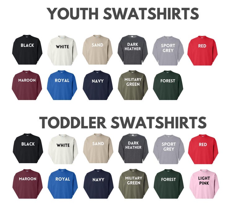 a collection of youth sweatshirts in various colors and styles, including black, white, sand, dark grey, sport grey, red, maroon, royal, navy, forest green, and light pink.