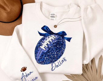 Dallas Custom Mascot Ball Bow Sweatshirt, Football Mom Sweater With Kids Name, Faux Glitter Football Sweater, Varsity School Spirit Hoodie
