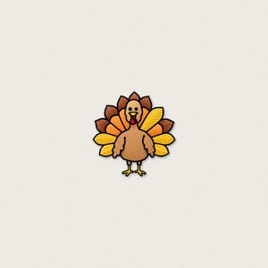 Puede incluir: Una ilustración de pavo de dibujos animados con cuerpo marrón, pico amarillo y carúncula roja. El pavo tiene una cola en abanico compuesta por plumas marrones y amarillas alternas con contornos oscuros, de pie sobre dos pequeñas patas amarillas.