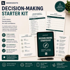 May include: A digital and printable Decision-Making Starter Kit by Booksights, featuring a tablet displaying the title, a 4-week journal, a strategy worksheet, a 30-day tracker, and a cheat sheet. The set includes icons for thinking, deciding, and acting.