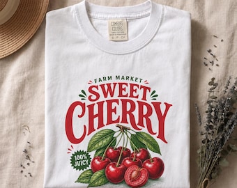 Vintage-Hemd in Kirschrot mit Retro-Frucht-Etikett und sommerlicher Kirsch-Illustration