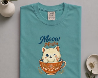 Katzen-Shirt, Meow Mocha Coffee Tee, Geschenk für Katzenliebhaber, Gemütliche Café-Kleidung