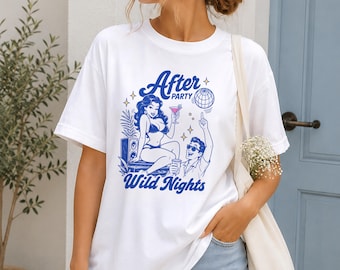 After-Party-Shirt, Wild Nights Grafik-T-Shirt, Showgirl-Ära-Kleidung, Vintage-Kunst mit blauer Tinte