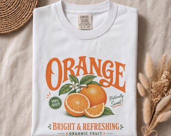 Orangefarbenes T-Shirt mit Bauernmarkt-Motiv, Vintage-Obst-Kleidung
