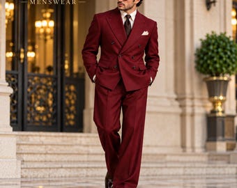Men’s Maroon Double-Breasted Three-Piece Suit, Wedding Groom Wear, Formal Luxury Menswear Outfit