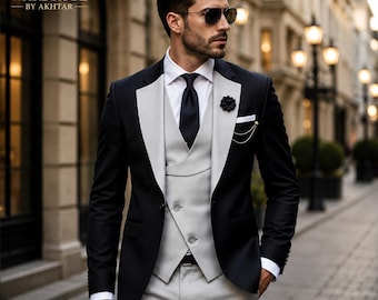 Men’s Black Grey Contrast Lapel Tuxedo | Wedding Groom 3-Piece Formal Luxury Suit