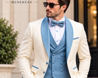Men’s Ivory Blue Three Piece Tuxedo Suit, Shawl Lapel Wedding Groom Formal Menswear