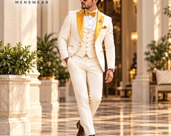 Traje de tres piezas para hombre en color marfil y dorado, atuendo de novio para boda, ropa formal de lujo con solapas de satén.