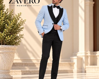 Men's Light Blue Tuxedo, Black Satin Lapel Suit, Wedding Groom Prom Formalwear