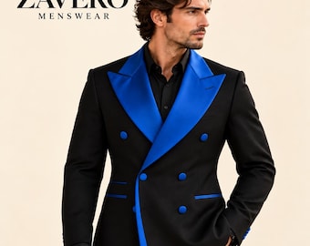 Men’s Black Suit with Royal Blue Lapels, Double Breasted Wedding Party Formal Wear