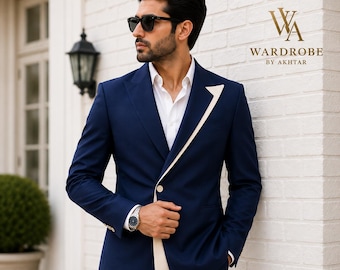 Blazer bleu marine pour homme | Revers blanc contrastant | Veste de cérémonie pour mariage