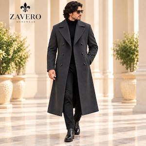 Men’s Charcoal Wool Overcoat, Double Breasted Long Coat, Classic Winter Formal Outerwear