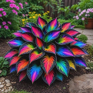May include: A vibrant hosta plant featuring dense, heart-shaped leaves with a striking rainbow color pattern. Each leaf displays a dark black base color transitioning into brilliant streaks of blue, green, yellow, orange, and pink, creating a vivid, multi-colored display.