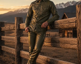 Gift for Him | Men's Olive Green Leather Western Shirt & Pants Set | Montana Ranch Cowboy Outfit | Matching Leather Suit | Birthday Gift