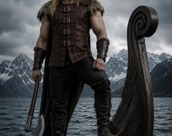 Middeleeuws leren vikingvest, messing bezaaid krijgerpantserkostuum