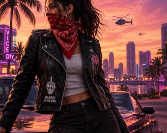 Chaqueta de motociclista Lucia de cuero negro para mujer / Inspirada en GTA 6 / Chaqueta de moto con estampado de esqueleto