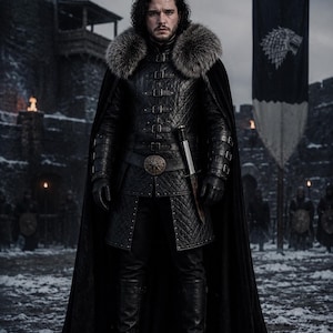 May include: A person with dark curly hair wearing a black quilted doublet with multiple buckle closures, a thick fur collar, and a long black cloak. The outfit includes black leather gloves, trousers, boots, and a sword at the waist with a metal hilt.