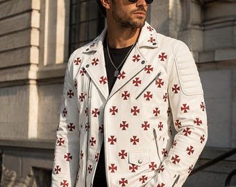 Giacca da uomo in pelle bianca / Ricamo della Croce Rossa / Cappotto da motociclista stile cavaliere crociato / Regalo unico per lui