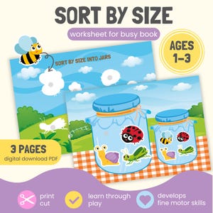 May include: A digital PDF worksheet for a busy book titled SORT BY SIZE, featuring a blue sky background with clouds and green hills. The activity includes two glass jars and various insect stickers like a ladybug, bee, snail, and grasshopper.