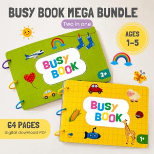 May include: A Busy Book Mega Bundle digital download PDF featuring two spiral-bound books. One green book with a grid pattern, aeroplane, rainbow, and balloon graphics. One yellow book with a grid pattern, car, corn, and giraffe graphics. Text includes Busy Book, Ages 1-5, and 64 Pages.