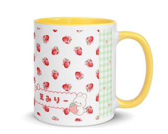 Taza personalizada con nombre en hiragana japonés | Taza de café bicolor con diseño de fresa kawaii y conejito | Taza Harajuku de cuadros pastel, regalo disponible en 10 colores