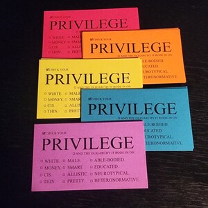 Puede incluir: Cinco tarjetas con la palabra "Privilege" impresa en negro sobre un fondo de color. Cada tarjeta tiene una lista de verificaci&oacute;n con el texto "Check Your" y una lista de caracter&iacute;sticas. Las tarjetas son rosa, amarilla, naranja, azul y verde.