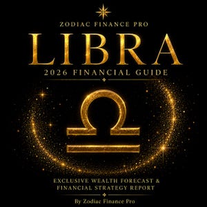 Pode incluir: Um gráfico digital preto intitulado Zodiac Finance Pro Libra 2026 Financial Guide. Apresenta um grande símbolo dourado do zodíaco Libra centrado num efeito de luz circular cintilante, com texto dourado detalhando uma previsão financeira.