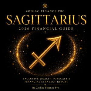 Könnte beinhalten: Eine schwarze digitale Grafik mit dem Titel Zodiac Finance Pro Sagittarius 2026 Financial Guide. Sie zeigt ein goldenes Schütze-Pfeilsymbol, das in einem leuchtenden, kreisförmigen Ring aus goldenem Sternenstaub zentriert ist. Der Text umfasst Exclusive Wealth Forecast & Financial Strategy Report by Zodiac Finance Pro.