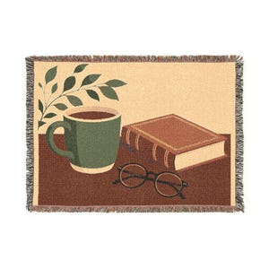 Coffee Mug and Book Woven Blanket | Reading Throw, Cozy Library Decor