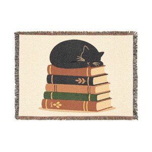 Sleeping Black Cat on Stack of Books Woven Blanket | Cozy Library Throw