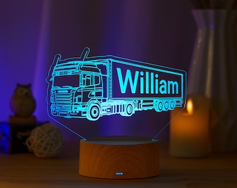Gepersonaliseerd nachtlampje in de vorm van een vrachtwagen, lamp met eigen naam, decoratie voor kinderkamer of babykamer, verjaardagscadeau voor kinderen