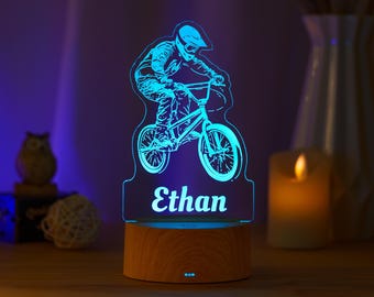 Veilleuse personnalisée pour vélo BMX, lampe nominative personnalisée pour cycliste, décoration de chambre à coucher vélo, cadeau d'anniversaire