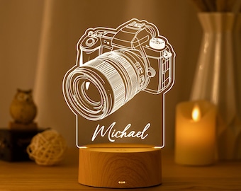 Lámpara de noche personalizada para cámara, lámpara con nombre de fotógrafo personalizado, decoración para estudio fotográfico, regalo de cumpleaños para artistas.