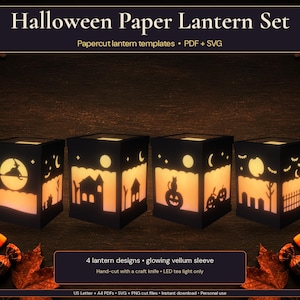 Op de afbeelding: Een set van vier zwarte papieren lantaarns met uitgesneden Halloween-silhouetten, waaronder een heks, een spookhuis, een kat op een pompoen en een kerkhof, van binnenuit verlicht met een warme gloed, met de tekst Halloween Paper Lantern Set.