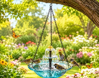 Solar Hanging Bird Bath with Fountain, Glass Hanging Bird Bath, Outdoor Bird Bath for Garden Patio, Bird Lover Gift, Garden Decor