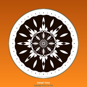 May include: A circular digital graphic featuring a black and white mandala design with symmetrical geometric patterns. The outer border is white with small black dots. The text "Detail View" and "Mandala SVG Cut File" appears at the bottom.