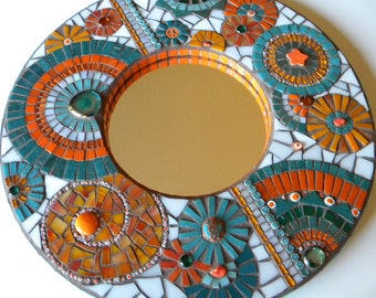 Orange & Teal Round Abstract Mosaic Mirror, Bathroom Mosaic Mirror, Gift for Miami Dolphins Fan, New Home Housewarming Gift, Dorm Room Gift