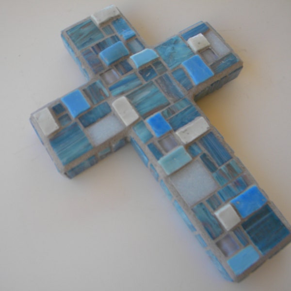 Baby Blue and White Mosaic Cross