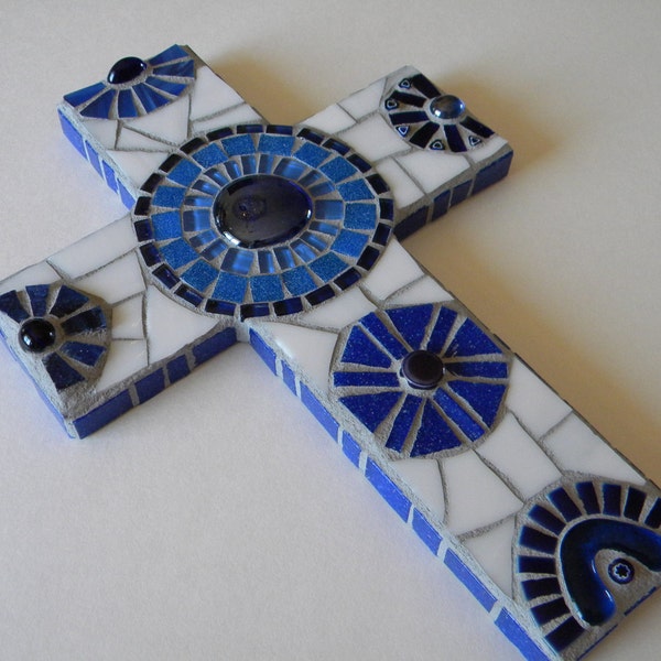 Cobalt Blue & White Mosaic Cross