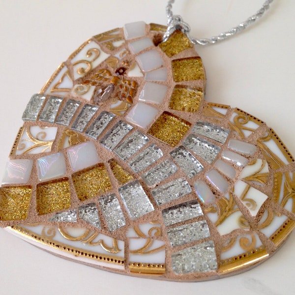 Gold Silver White Angel Heart Mosaic Ornament, White Silver and Gold Decor, Holiday Hostess Gift, First Christmas Together Heart Ornament