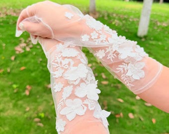 Bruidshandschoenen met volledige vingers, geborduurd met bloemenkant, bruidsaccessoire voor bruiden