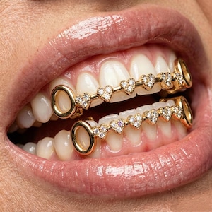 Herzkette Grillz Set, vergoldet Obere Untere Zähne Grillz, Bling Strass Schmuck, Hip Hop Modeschmuck